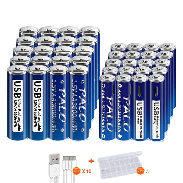 USB-genopladelige AA+AAA-batterier, høj kapacitet 3600mWh/1110mWh, lang cykluslevetid,20AA og 20AAA