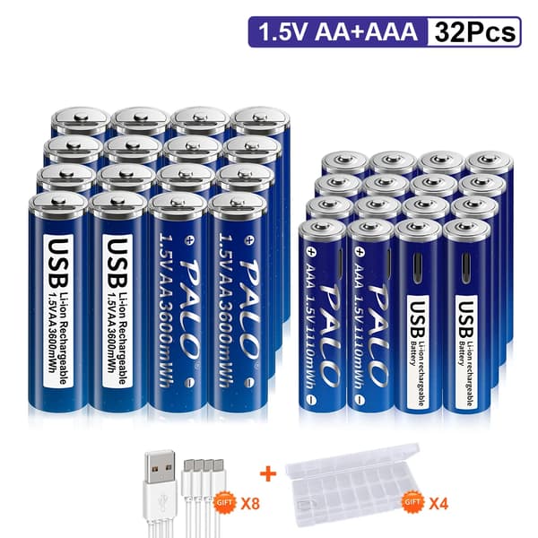 USB-genopladelige AA+AAA-batterier, høj kapacitet 3600mWh/1110mWh, lang cykluslevetid,16AA og 16AAA