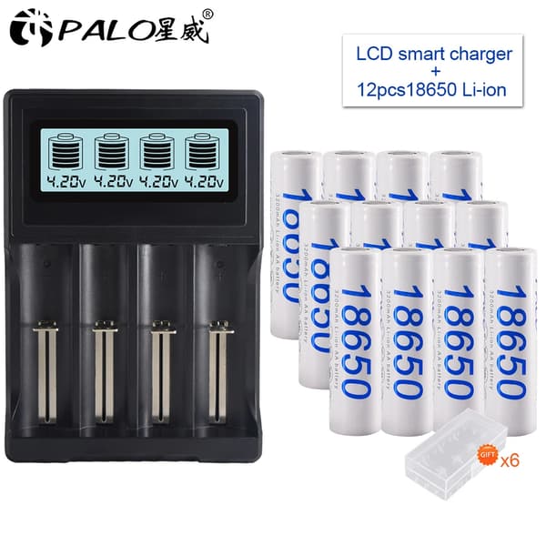 PALO 18650 Lithiumbatterier, 3200mAh kapacitet, 3.7V spænding,12 stk. og oplader, 3,7V