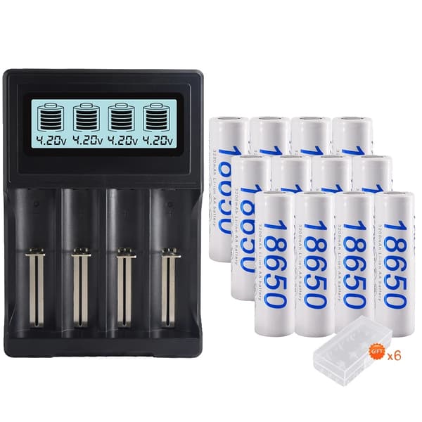 PALO 18650 Lithiumbatterier, 3200mAh kapacitet, 3.7V spænding,12 stk. og oplader, 3,7V