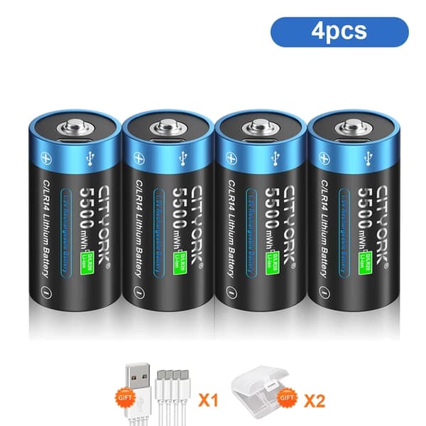 Genopladeligt C-størrelse batteri, USB-opladning, Lithium-teknologi, 4 Batteri med Kabel