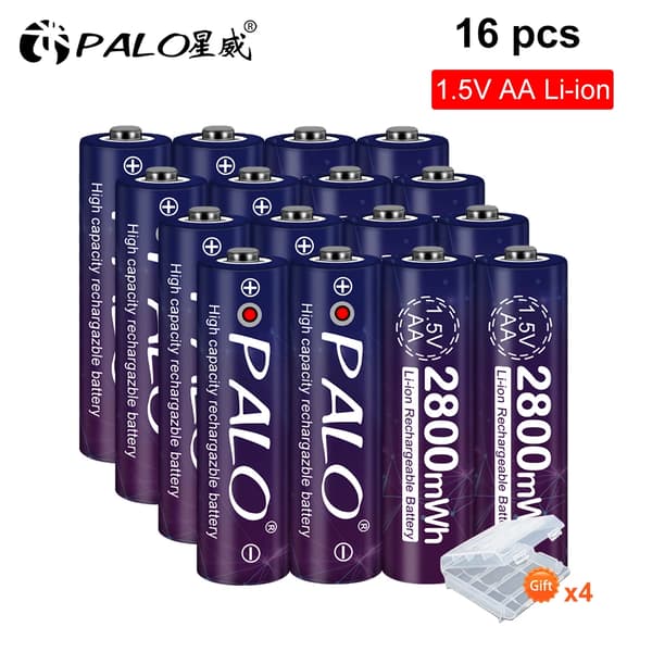 PALO 1.5V AA Li-ion Genopladeligt Batteri, Høj Kapacitet 2800mWh, Lang Levetid 1500 Cyklusser,16 stk AA, 1,5V