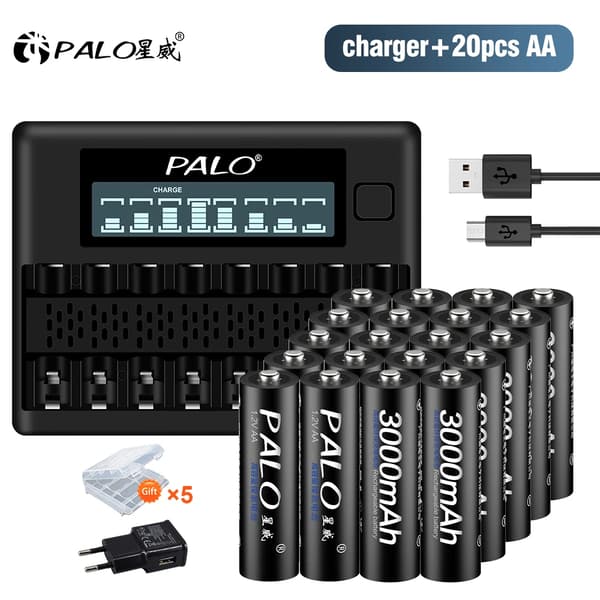 PALO AA uppladdningsbara batterier, 3000mAh kapacitet, NI-MH teknik,20 AA och 1 laddare