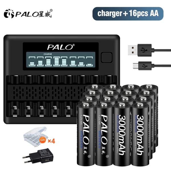 PALO AA Genopladelige Batterier, 3000mAh Kapacitet, NI-MH Teknologi,16 AA og 1 oplader