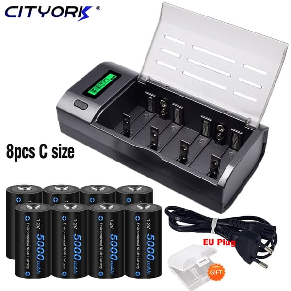 C Størrelse Genopladelige Batterier, 5000mAh Kapacitet, Alsidige Anvendelser,8batteri 1oplader, 1,2V
