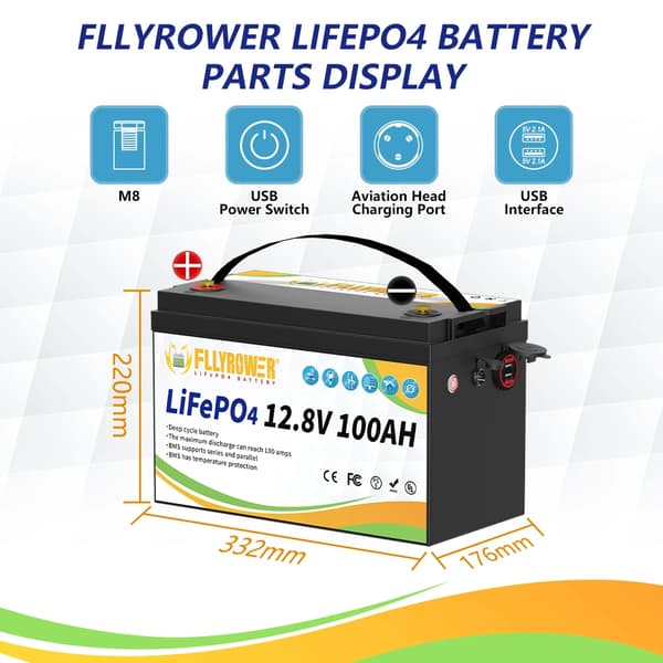 LiFePO4-batteri, 100Ah kapacitet, 12,8V spænding,12v 100Ah 332