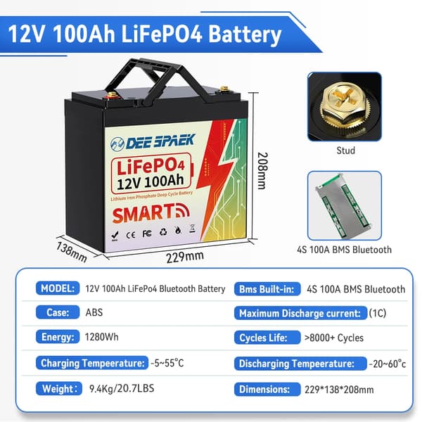 12V 100Ah LiFePO4-batteri, 4S BMS, Bluetooth-funktion, IP65 vandtæt,12V 100Ah BT L229