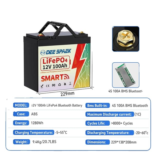 12V 100Ah LiFePO4-batteri, 4S BMS, Bluetooth-funktion, IP65 vandtæt,12V 100Ah BT L229