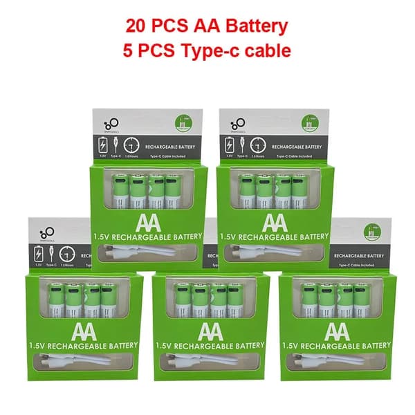 AA USB genopladeligt batteri, 2600mWh kapacitet, 1.5V spænding, 4 pakke,20 stk AA og 5kabel