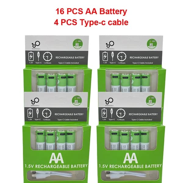 AA USB genopladeligt batteri, 2600mWh kapacitet, 1.5V spænding, 4 pakke,16 stk AA og 4kabel