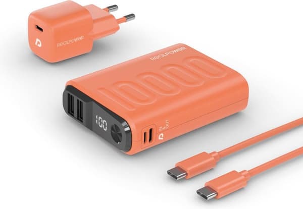 RealPower PB-10000 PD+ Powerpack - kompakt 10.000 mAh powerbank - 1 x USB-C PD hurtigopladning 2 x USB-A - nano USB-C PD 20W vægoplader - USB-C til US Orange