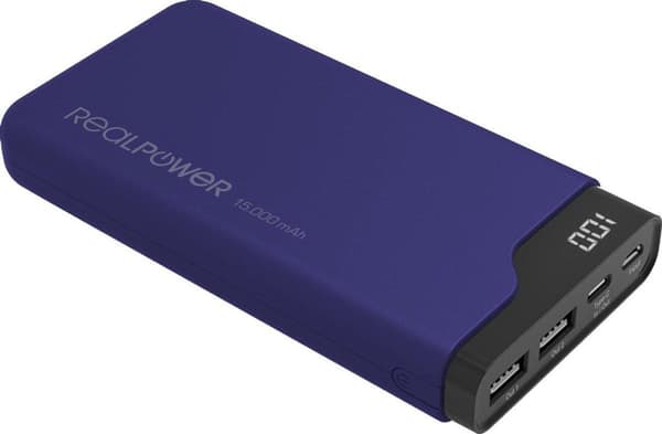 RealPower - PB-15000 PD+ Sininen - 15 000 mAh Powerbank USB-C-virtalähteellä nopeaan lataukseen näytön kanssa - Sininen musta, Sininen