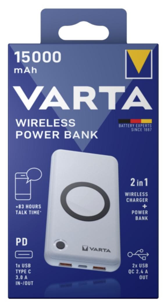 Varta 57908 101 111 powerbank Lithium Polymer (LiPo) 15000 mAh Trådlös laddning Vit