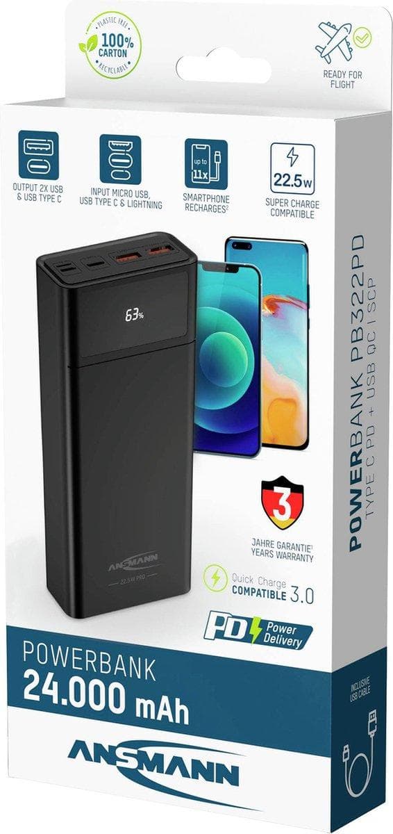 Ansmann PB322PD Powerbank 24000 mAh LiPo USB-A USB-C Sort (1700-0153) Sort