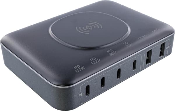 InLine® Qi Powerstation Multiport, strömförsörjning, laddare, 4x USB Type-C, 2x USB Type-A, GaN, 100W, trådlös laddning 15W, svart (31517K) Svart
