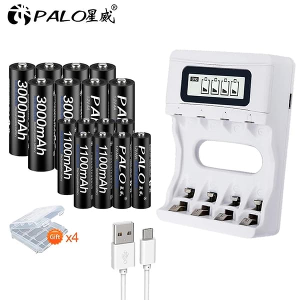 Uudelleenladattavat paristot, 3000mAh kapasiteetti, älykäs laturi, 12V, 8AA AAA ja laturi