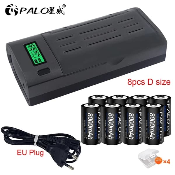 Genopladeligt D Batteri, 8000mAh Kapacitet, LCD Oplader, 4 batteri 1 oplader