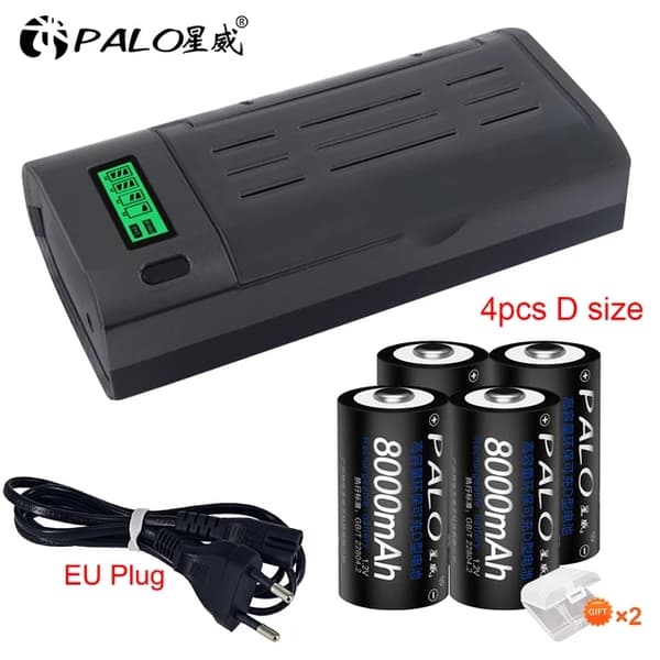 Uudelleenladattava D-paristo, 8000mAh kapasiteetti, LCD-laturi, 4 akkua 1 laturi