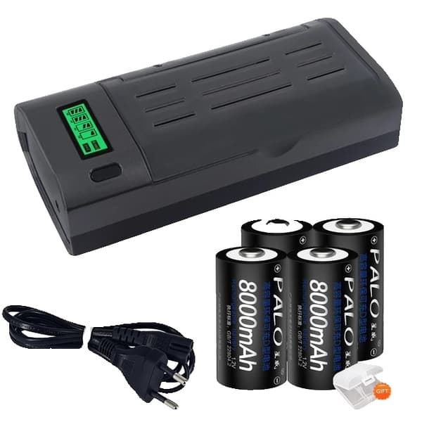 Uudelleenladattava D-paristo, 8000mAh kapasiteetti, LCD-laturi, 4 akkua 1 laturi