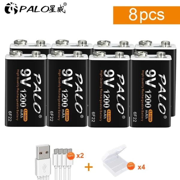 Genopladeligt Lithium Batteri, 1200mAh, Micro USB 9V, 9V, Polen, 12 stk