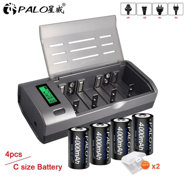 Genopladeligt C-celle batteri, 12V 4000mAh kapacitet, Intelligent hurtig opladning LCD oplader, Rød