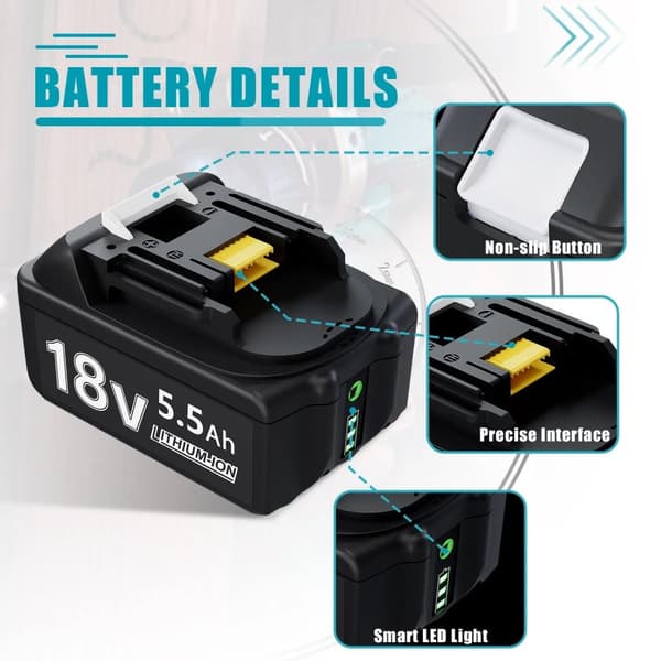 Makita 18V Litiumioniakku, 5500mAh kapasiteetti, ladattava ja yhteensopiva BL1830/BL1850/BL1860B kanssa., 55AH-1 kpl