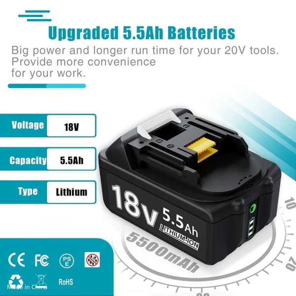 Makita 18V Litiumioniakku, 5500mAh kapasiteetti, ladattava ja yhteensopiva BL1830/BL1850/BL1860B kanssa., 55AH-1 kpl