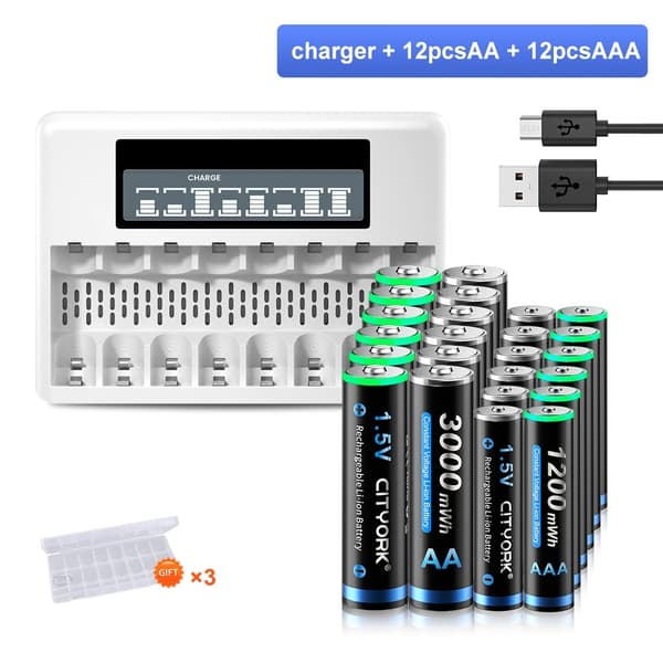 Genopladeligt lithiumbatteri, langvarig strøm, smart LCD-oplader, 16AA og 16AAA