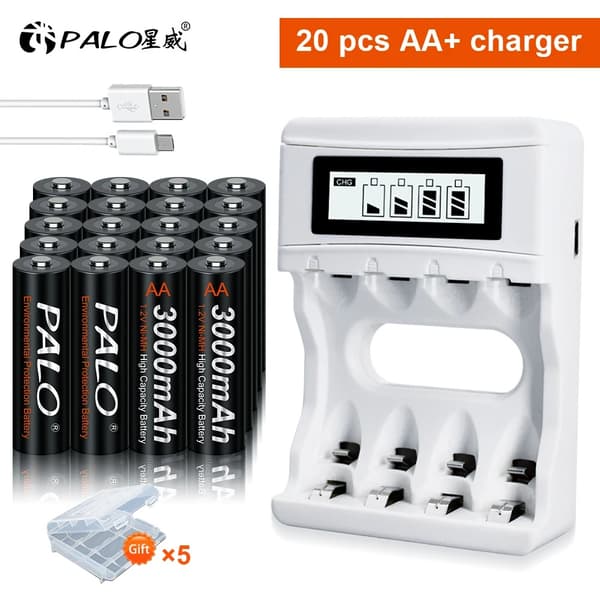Genopladeligt AA-batteri, 3000mAh kapacitet, inkluderet smart oplader, 12V, 20AA og oplader
