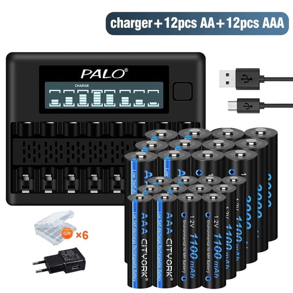 Genopladelig Batterioplader, LCD-skærm, 8 Slots, 12AA 12AAA 1oplader