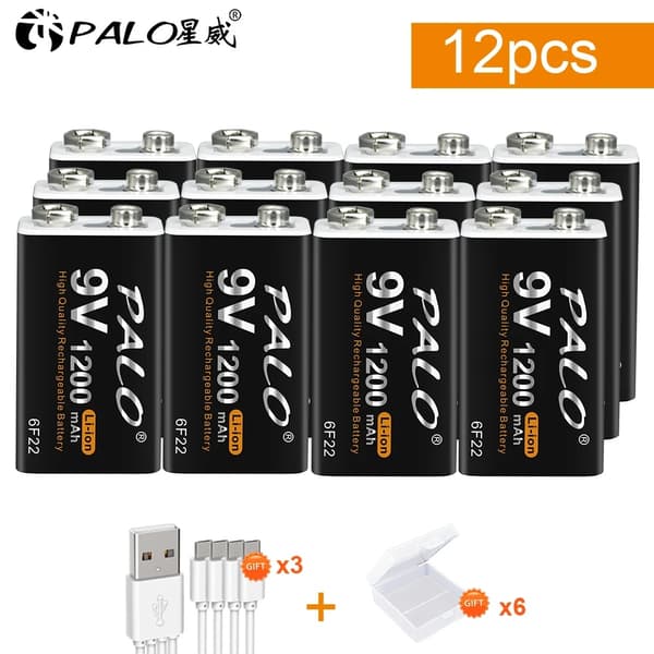 Genopladeligt 9V batteri, 1200mAh kapacitet, opladning via Micro USB, 12 stk