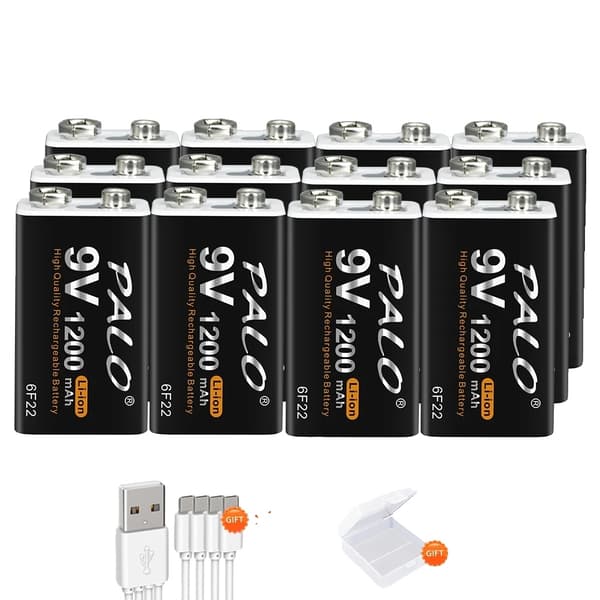 Genopladeligt 9V batteri, 1200mAh kapacitet, opladning via Micro USB, 12 stk