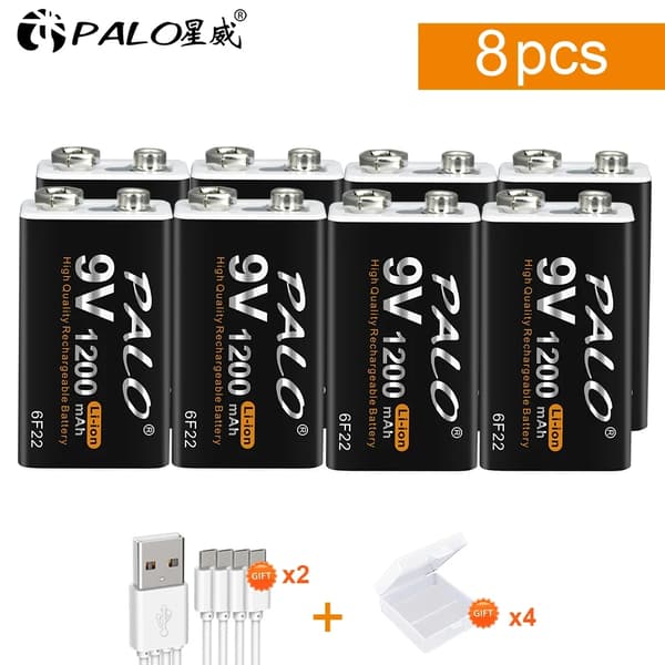 Genopladeligt 9V batteri, 1200mAh kapacitet, opladning via Micro USB, 12 stk
