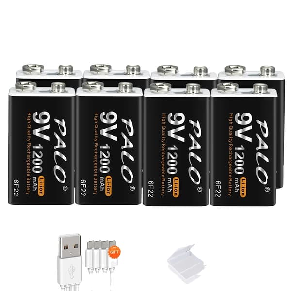 Genopladeligt 9V batteri, 1200mAh kapacitet, opladning via Micro USB, 12 stk