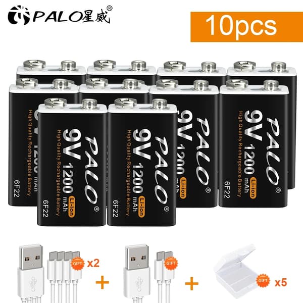 Genopladeligt 9V batteri, 1200mAh kapacitet, opladning via Micro USB, 12 stk