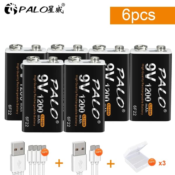 Genopladeligt 9V batteri, 1200mAh kapacitet, opladning via Micro USB, 12 stk