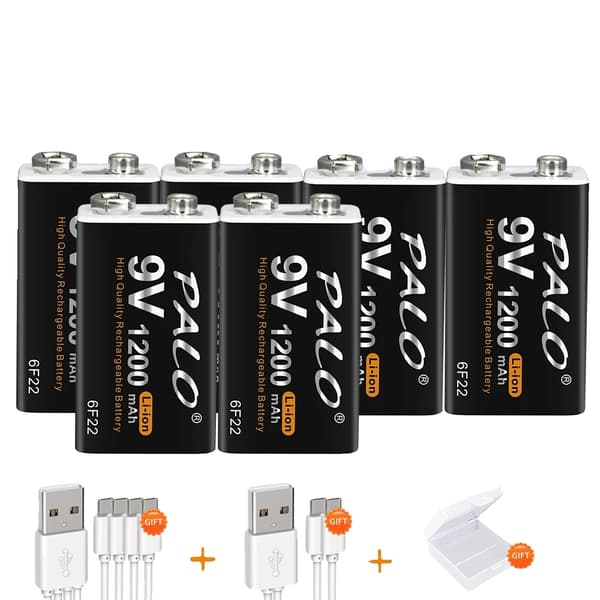 Genopladeligt 9V batteri, 1200mAh kapacitet, opladning via Micro USB, 12 stk 6 pcs