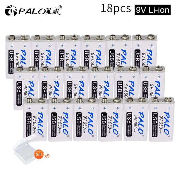 Uudelleen ladattava 9V-paristo, 650 mAh kapasiteetti, USB-ladattava, 18 kpl