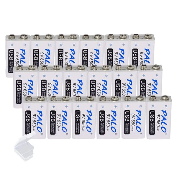 Uudelleen ladattava 9V-paristo, 650 mAh kapasiteetti, USB-ladattava, 18 kpl