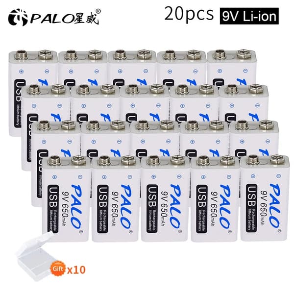 Genopladeligt 9V batteri, 650mAh kapacitet, USB-opladning, 18 stk