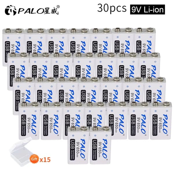 Genopladeligt 9V batteri, 650mAh kapacitet, USB-opladning, 18 stk