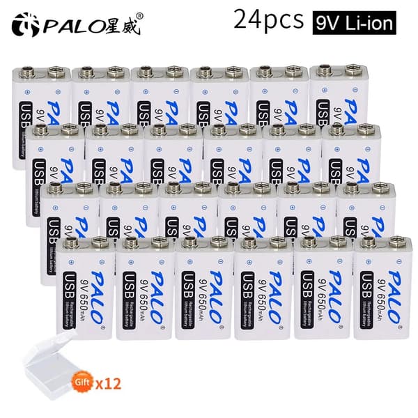 Genopladeligt 9V batteri, 650mAh kapacitet, USB-opladning, 18 stk