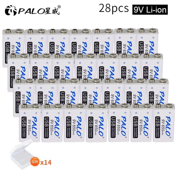 Genopladeligt 9V batteri, 650mAh kapacitet, USB-opladning, 18 stk