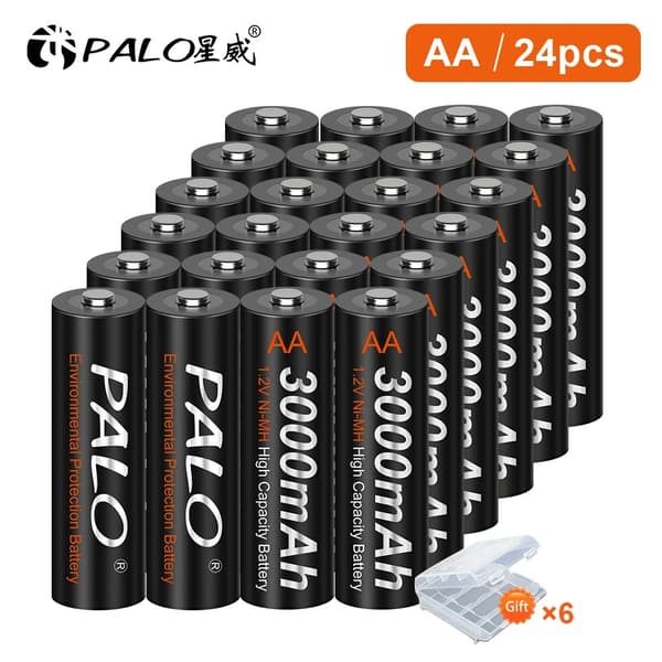 PALO AA Ladattavat Paristot, Korkea Kapasiteetti 3000mAh, 1800 Latausjaksoa,24 kpl AA-paristoa