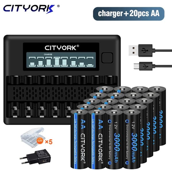 CITYORK Ladattavat AA-paristot, 3000mAh kapasiteetti, älykäs laturi mukana,20 kpl ja laturi