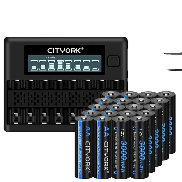 CITYORK Ladattavat AA-paristot, 3000mAh kapasiteetti, älykäs laturi mukana,20 kpl ja laturi
