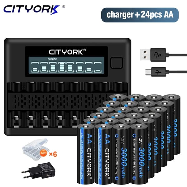 CITYORK Ladattavat AA-paristot, 3000mAh kapasiteetti, älykäs laturi mukana,20 kpl ja laturi