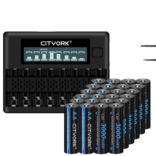 CITYORK Ladattavat AA-paristot, 3000mAh kapasiteetti, älykäs laturi mukana,20 kpl ja laturi