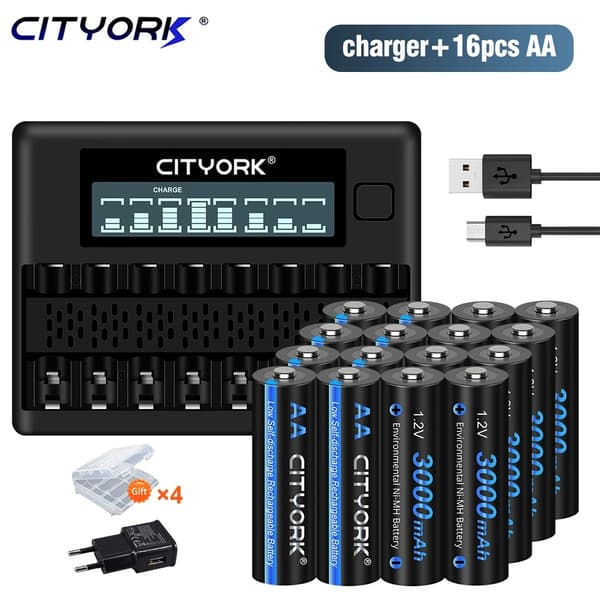 CITYORK Ladattavat AA-paristot, 3000mAh kapasiteetti, älykäs laturi mukana,20 kpl ja laturi