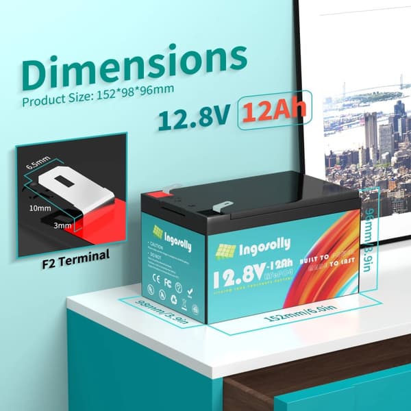 LiFePO4-batteri, 12V, flere kapaciteter op til 30Ah, F2- og M6-terminalmuligheder,12V 20AH